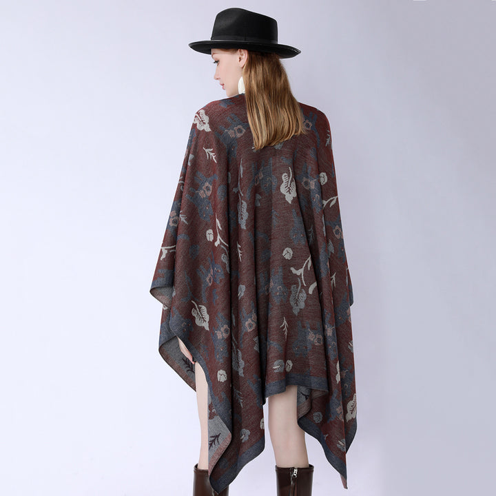 Damen Oversized Ruana im Jacquard mit Katzen- & Blumenmotiv Echo Archiv