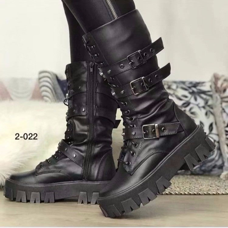Damen Plateau-Bikerstiefel mit grober Profilsohle, Schnürung, Reißverschluss und verstellbaren Zierschnallen Echo Archiv