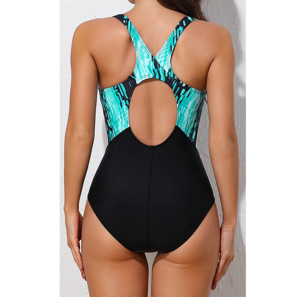 Damen Sportlicher Einteiler Badeanzug mit dynamischem Grafikdesign – Maréssa