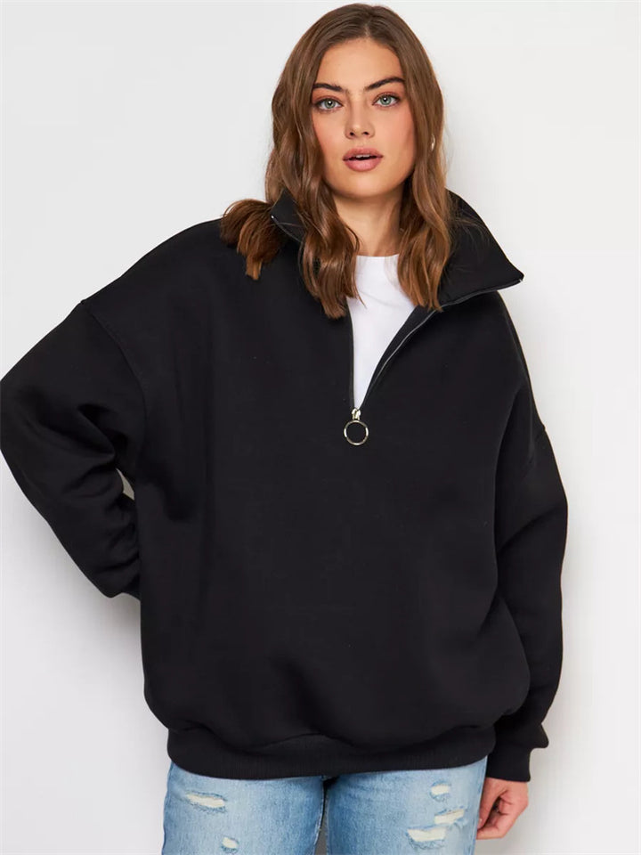 Damen Oversized Halbzip Sweater mit hohem Stehkragen und Rippbündchen – Auréline