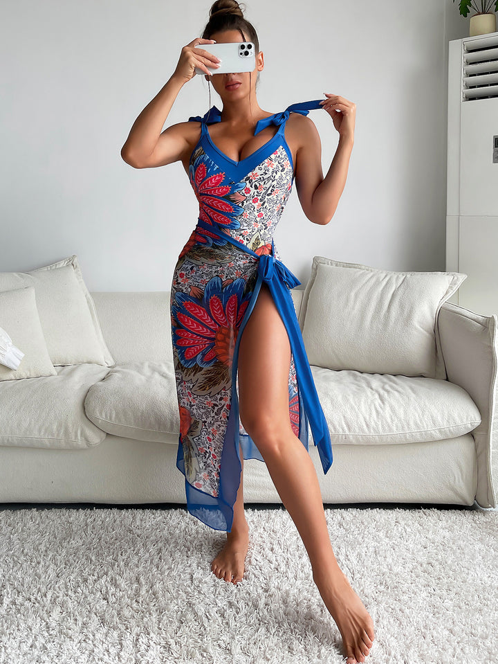 Damen Einteiliger Badeanzug mit floralem Design und passendem Wickelrock Echo Archiv