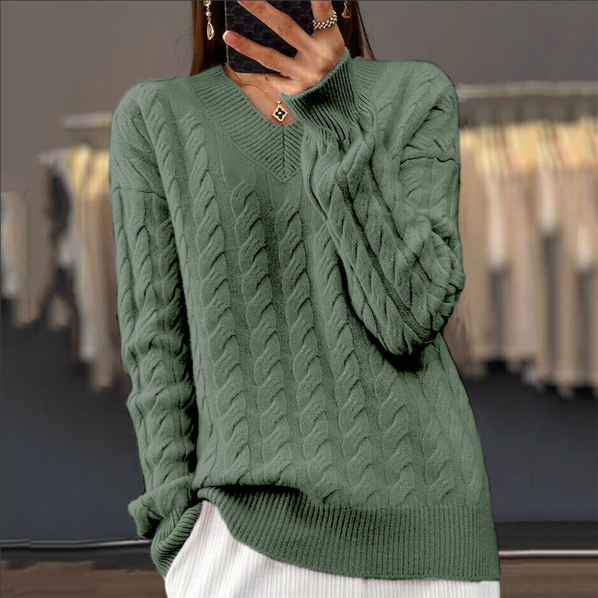 Damen nan weich fallender Zopfmuster-Pullover mit V-Ausschnitt, Oversize-Schnitt und geripptem Saum Echo Archiv