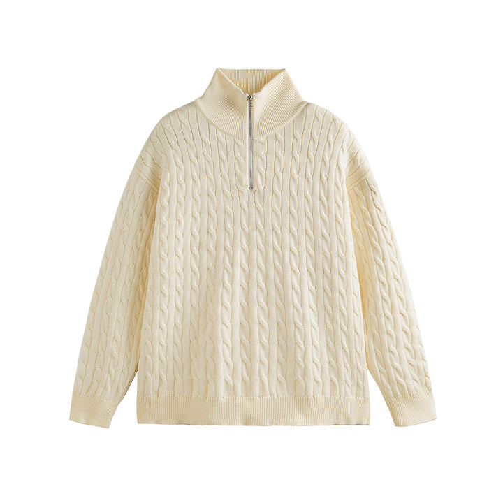 Unisex Grobgestrickter Zopfmuster-Pullover mit Halbzip und hohem Rippkragen Echoarchiv