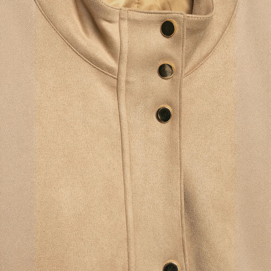 Damen Kurze Boxy-Jacke in Veloursoptik mit Stehkragen und Druckknopfleiste Echoarchiv
