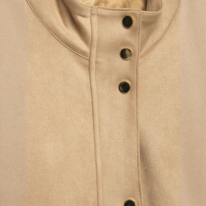Damen Kurze Boxy-Jacke in Veloursoptik mit Stehkragen und Druckknopfleiste Echoarchiv