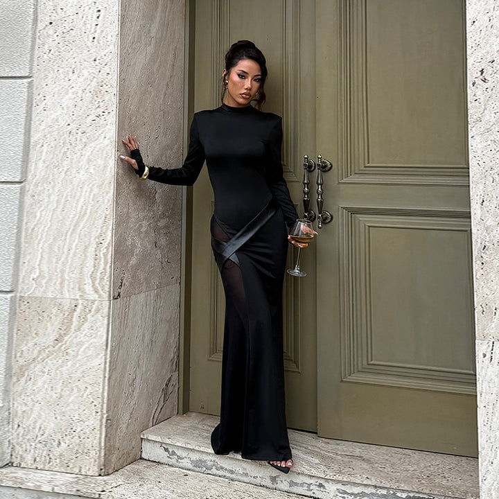 Damen figurbetontes Abend-Maxikleid mit langen Ärmeln und Satin-Detail – Avérine