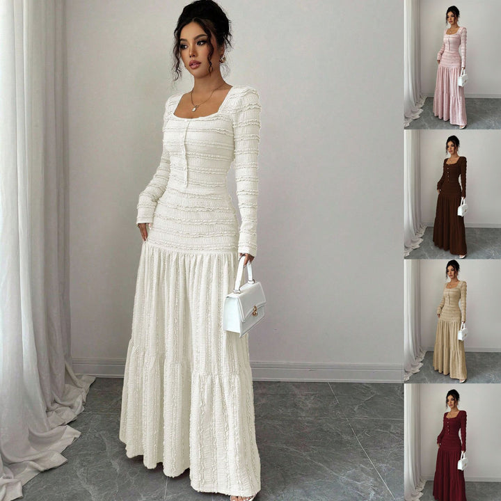 Damen Figurbetontes strukturiertes Maxikleid mit quadratischem Ausschnitt und Knopfleiste – Valéora