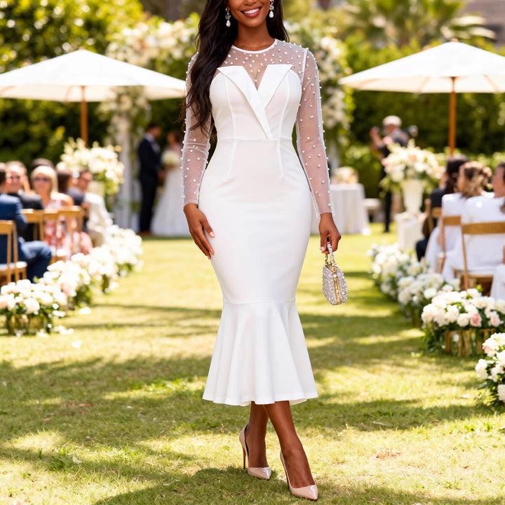 Damen Elegantes Hochzeitskleid mit transparenten Puffärmeln und Taillengürtel Echo Archiv