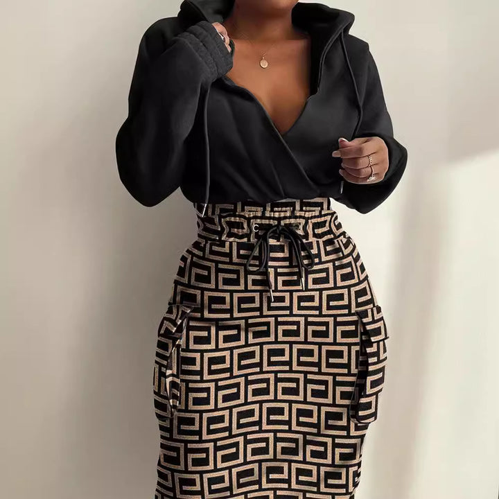 Damen Kapuzen Sweatkleid mit V-Ausschnitt, Kordelzug-Taille und Cargo-Taschen Echoarchiv