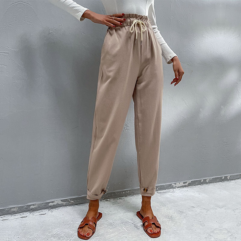 Damen Lässige Hose mit hohem Bund, Tunnelzug, Eingrifftaschen und konischer Beinform Echoarchiv