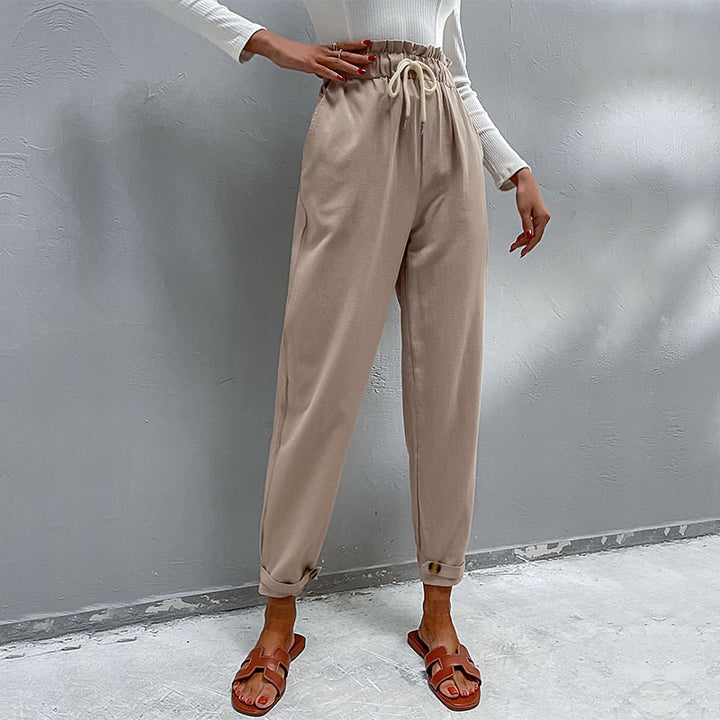 Damen Lässige Hose mit hohem Bund, Tunnelzug, Eingrifftaschen und konischer Beinform Echoarchiv
