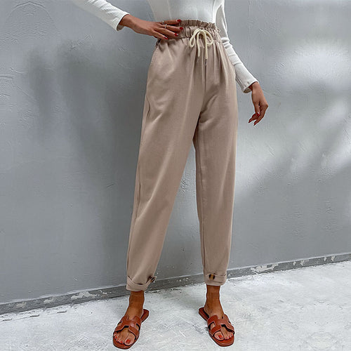 Damen Lässige Hose mit hohem Bund, Tunnelzug, Eingrifftaschen und konischer Beinform Echoarchiv
