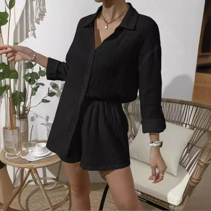Damen nan luftig-leichter Zweiteiler Lounge-Set aus Baumwoll-Gauze mit Hemdbluse und elastischer Taillen-Shorts Echo Archiv