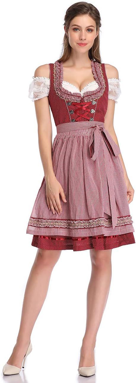 Damen nan traditionelles Dirndlkleid mit Herzausschnitt, korsettähnlicher Schnürung und kariertem Schürzenrock Echo Archiv