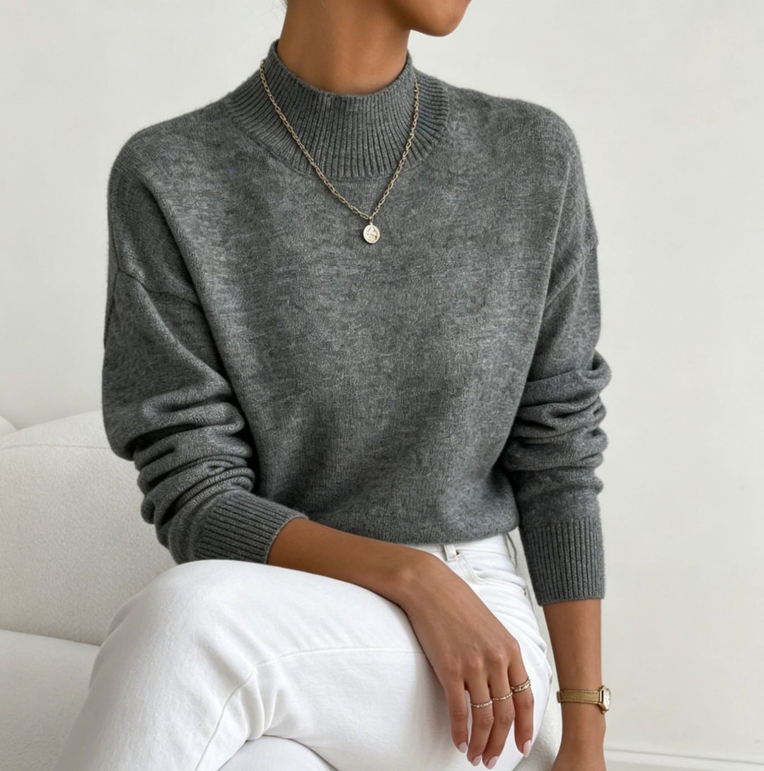 Damen kuscheliger Feinstrickpullover mit Stehkragen und überschnittener Schulter – Mavelle