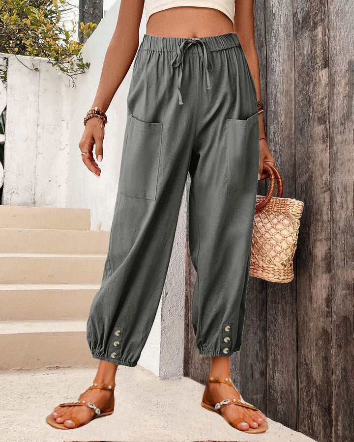 Damen Leinenlook Loungehosen mit hohem elastischem Taillenbund, Kordelzug, aufgesetzten Taschen und geknöpftem Saum – Avélisse