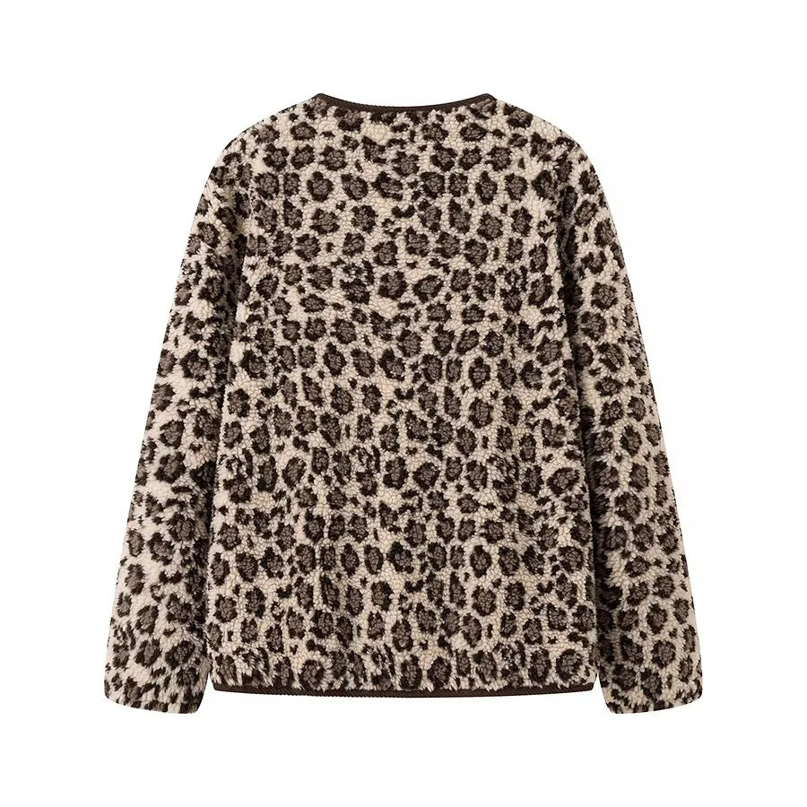 Damen Teddyjacke mit Leopardenmuster Knopfverschluss und Kordbesatz – Célinea