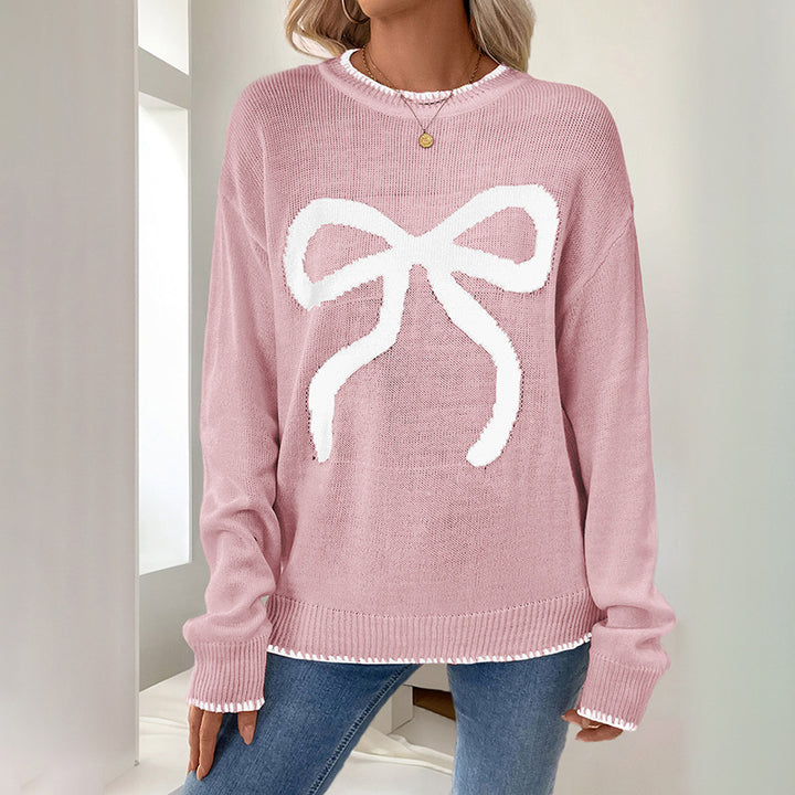 Damen Weihnachtlicher Oversize-Strickpullover mit Schleifenmotiv und gerippten Bündchen Echoarchiv