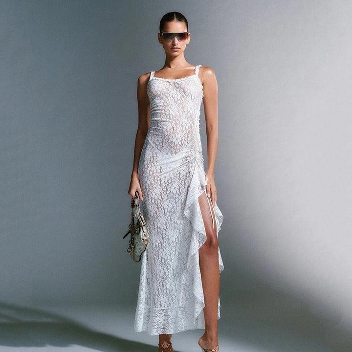 Damen Elegantes Spitzen-Maxi-Kleid mit seitlichem Schlitz und gerafftem Design Echo Archiv