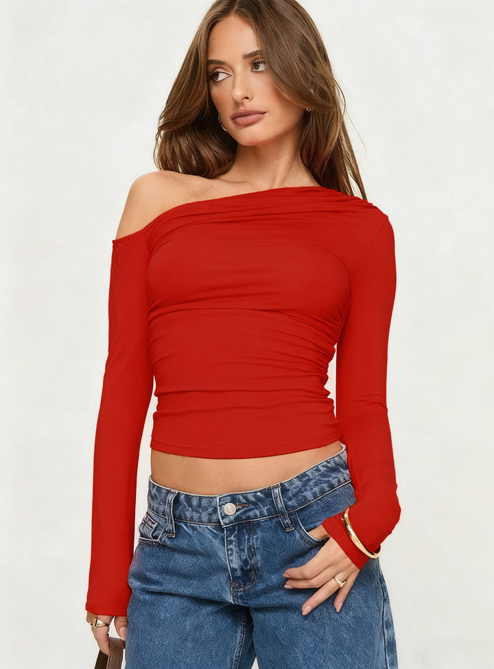 Damen Off-Shoulder Raffungsshirt mit langen Ärmeln und elegantem Design Echo Archiv