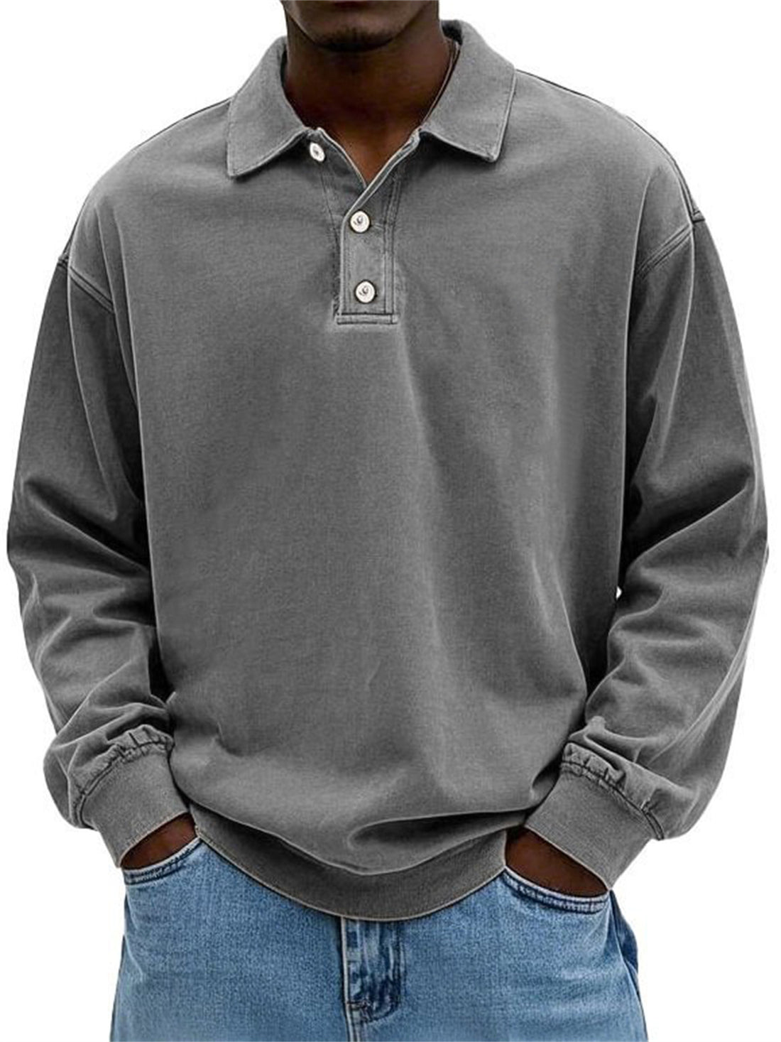 Herren Oversize Denim-Look Polo-Sweatshirt mit kurzer Knopfleiste und elastischen Bündchen EB – Norvane