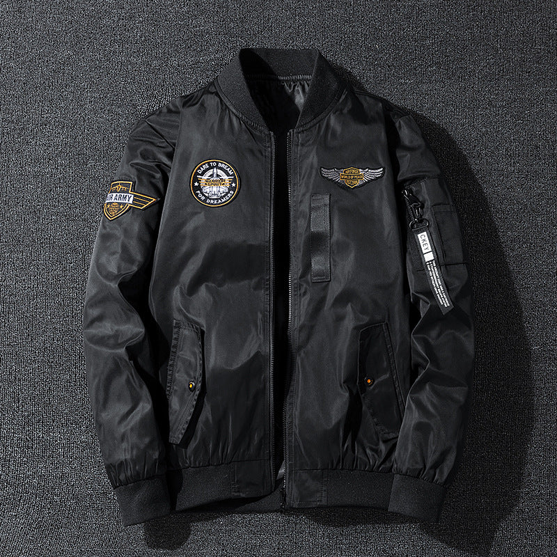 Men's vintage aviation patch lightweight flight bomber jacket with ribbed collar and zip sleeve pocket – Brevano