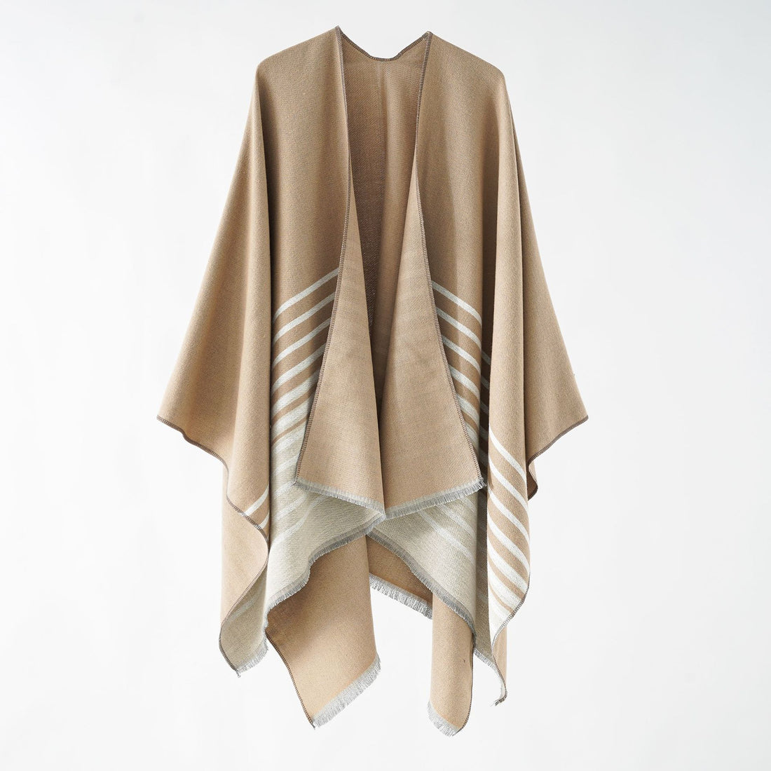 Damen Oversize-Ruana‑Überwurf aus Kaschmir‑Touch Wollmix mit Fransensaum und Streifendetail – Montévia