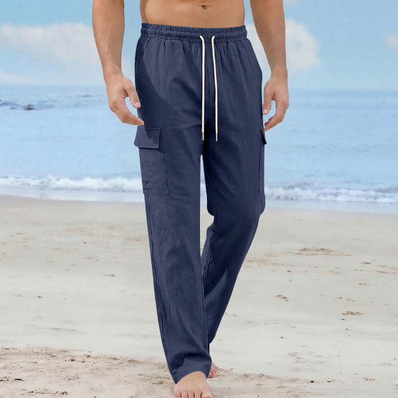 Herren Cargo-Strandhose aus Leinenmix mit elastischem Bund und Kordelzug – Bravaro