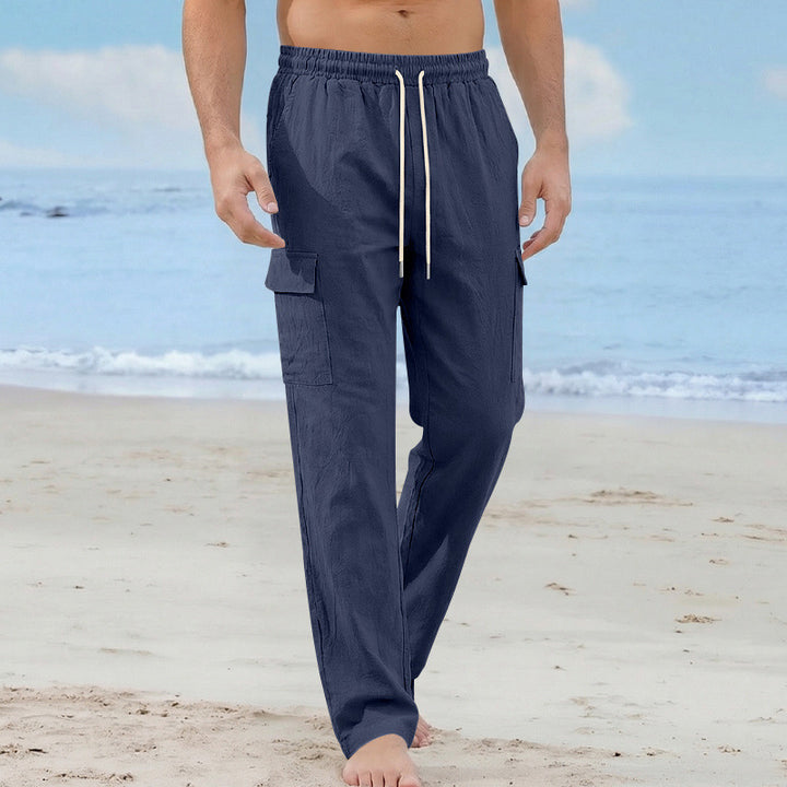 Herren Cargo-Strandhose aus Leinenmix mit elastischem Bund und Kordelzug – Bravaro