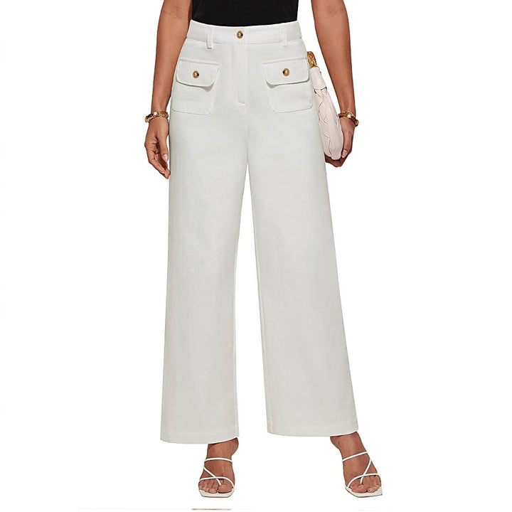 Hochtaillierte Damen-Trousers mit weitem Bein und Knopfklappen-Pattentaschen – Avélisse