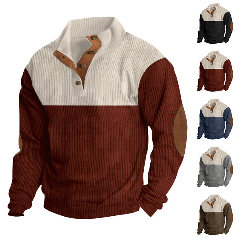 Herren nan gerippter Pullover mit Stehkragen, Knopfleiste und Ellbogen-Patches Echo Archiv
