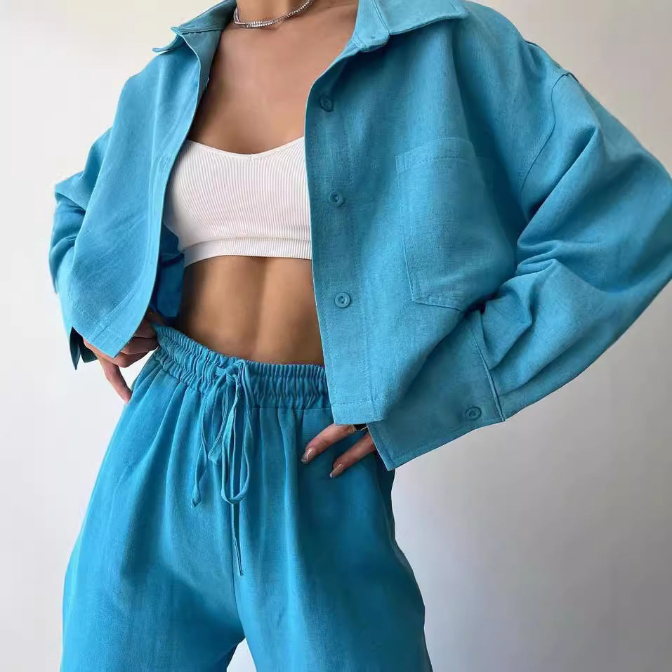 Damen Leinenoptik-Loungewear-Set mit Cropped-Overshirt und High-Waist-Tunnelzughose Echoarchiv