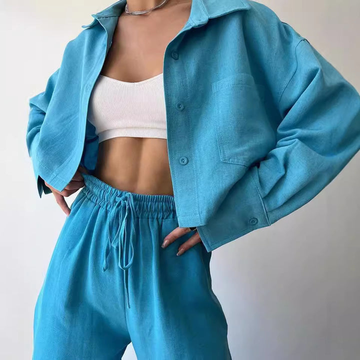 Damen Leinenoptik-Loungewear-Set mit Cropped-Overshirt und High-Waist-Tunnelzughose Echoarchiv