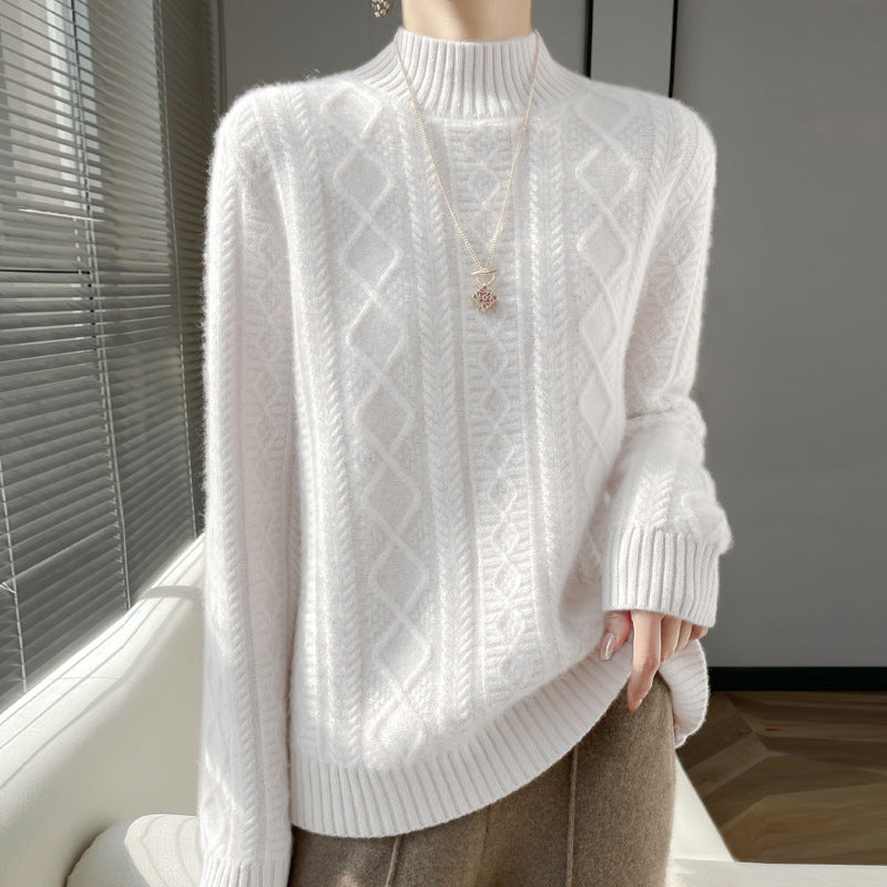Damen Kuscheliger Mohair‑Optik Mockneckpullover mit Rautenzopfstruktur und kastiger Silhouette Echoarchiv