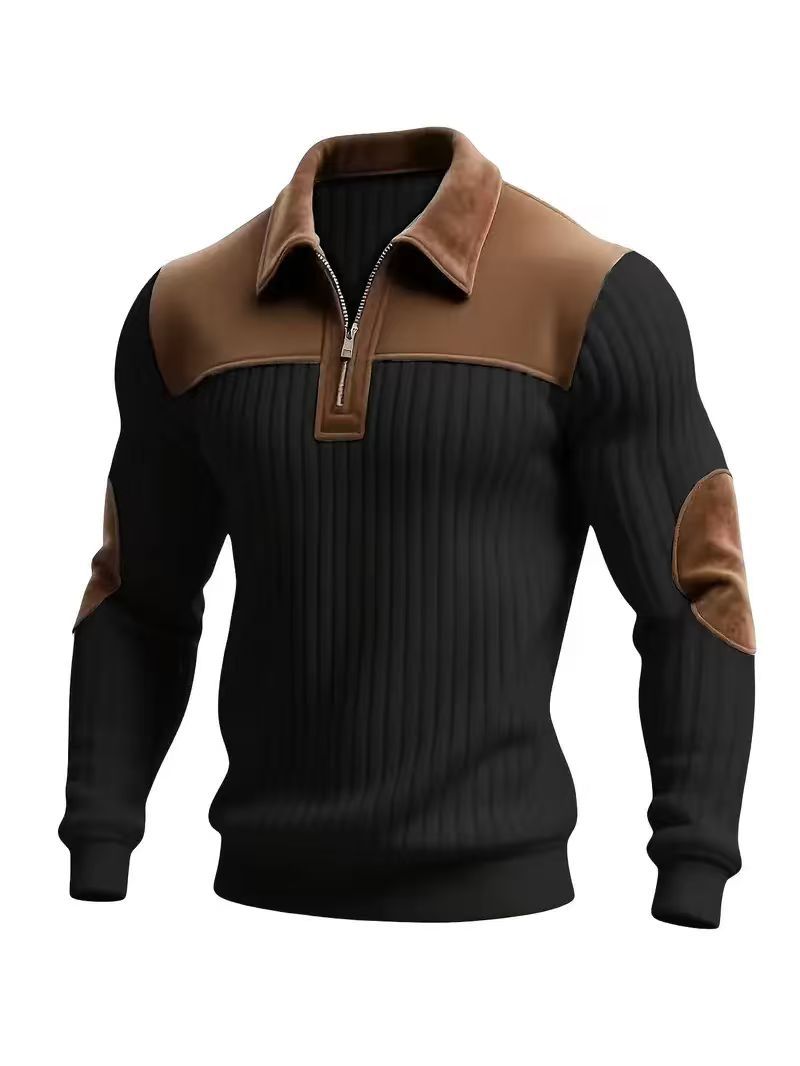 Herren nan gerippter Halbzip-Pullover mit kontrastierenden Lederapplikationen an Schultern und Ellenbogen Echo Archiv