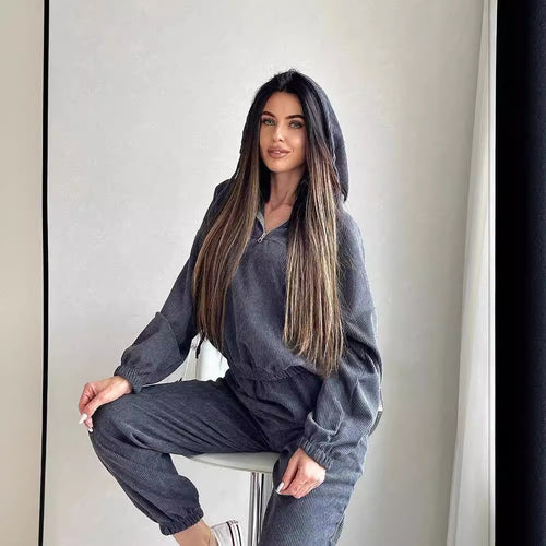 Damen Cordstoff Loungewear-Set mit Kapuzenpullover und Jogginghose Echoarchiv