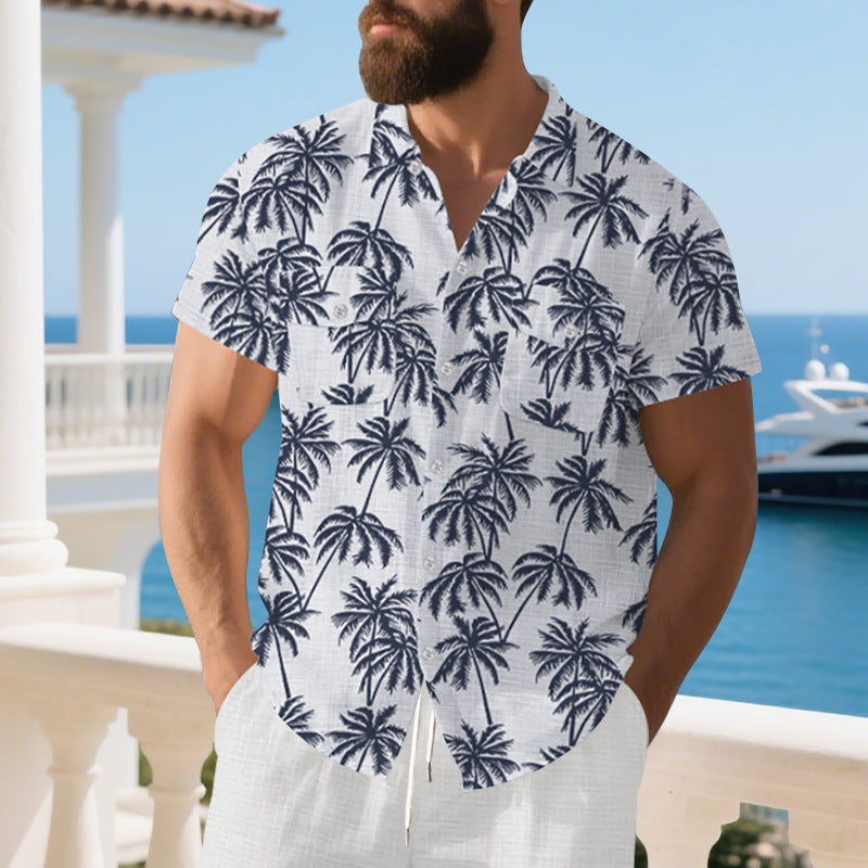 Herren lässiges Kurzarm-Hemd im tropischen Palmen-Design mit Taschen Echoarchiv