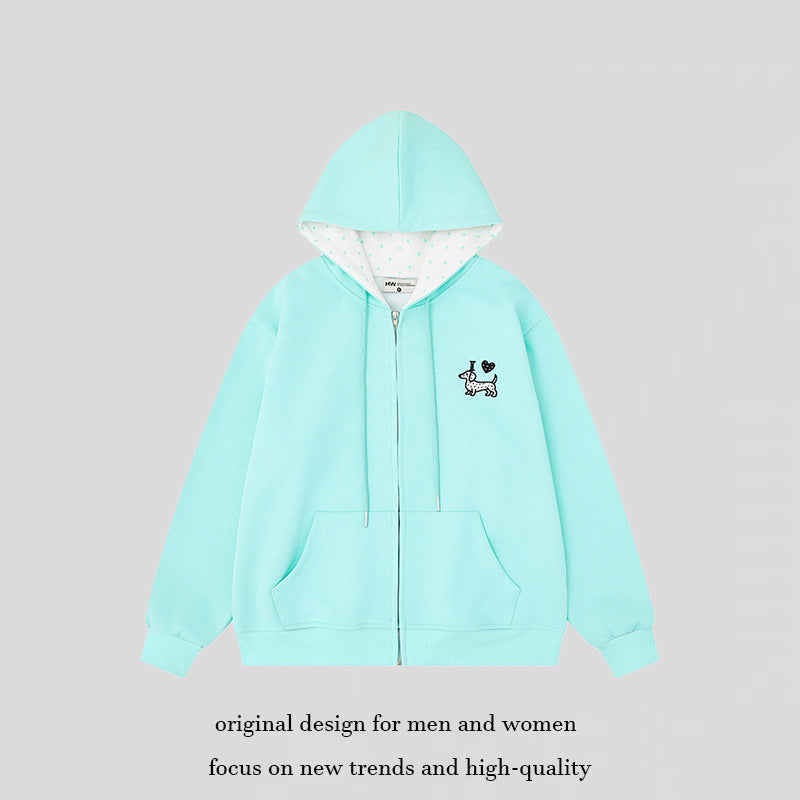 Damen Kapuzen-Sweatjacke mit gesticktem Dackel‑Motiv und gepunkteter Kapuzenfütterung Echoarchiv