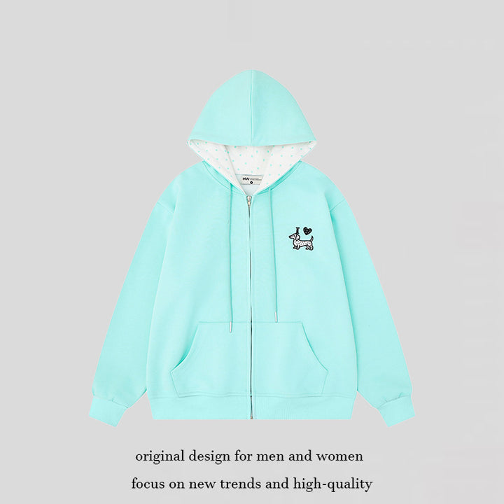 Damen Kapuzen-Sweatjacke mit gesticktem Dackel‑Motiv und gepunkteter Kapuzenfütterung Echoarchiv
