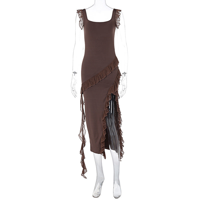 Damen asymmetrisches Maxi-Kleid mit Rüschendetails und hohem Schlitz Echo Archiv
