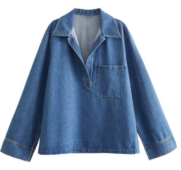 Damen 200+ Oversize Denim‑Hemdbluse mit V‑Ausschnitt und Brusttasche Echo Archiv