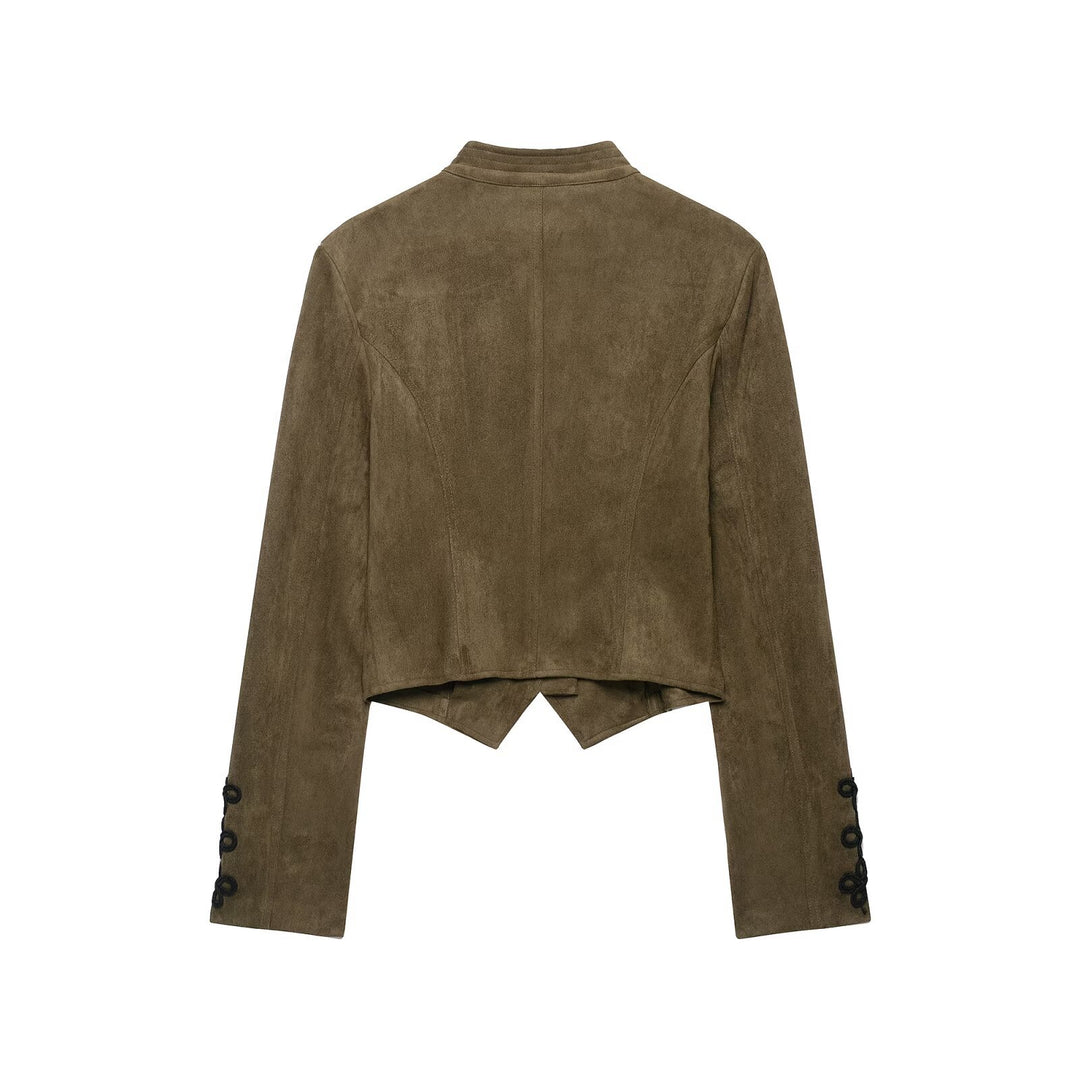 Damen Taillierter Cropped‑Veloursleder‑Blouson mit militärischer Kordelapplikation und Stehkragen Echo Archiv