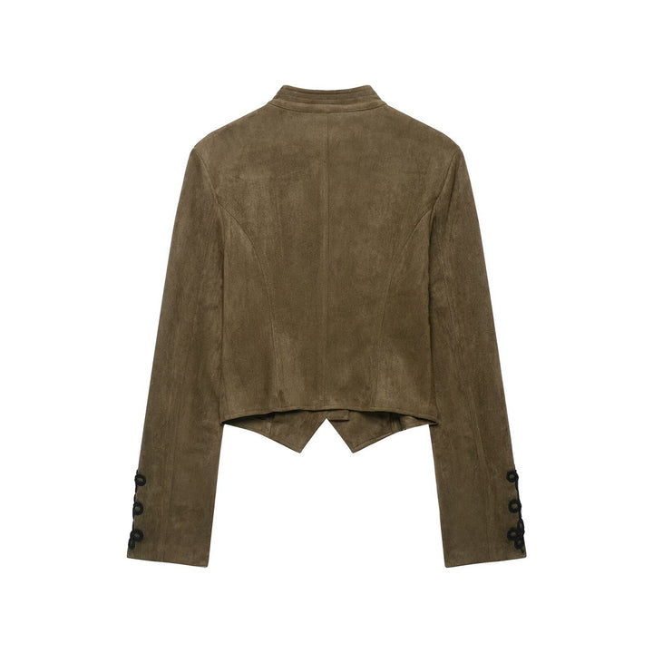 Damen Taillierter Cropped‑Veloursleder‑Blouson mit militärischer Kordelapplikation und Stehkragen Echo Archiv