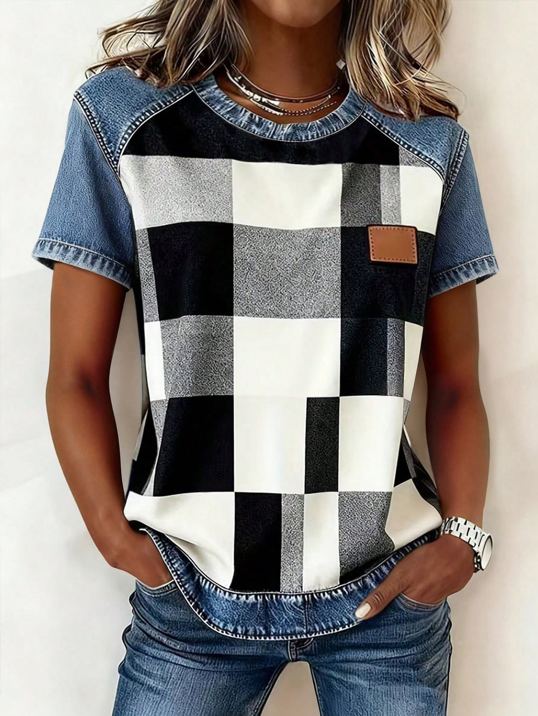 Damen Kurzarmshirt mit Jeans-Einsätzen und Teddy-Patchprint Echo Archiv
