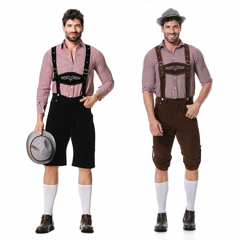Herren nan authentische Trachten-Kniebundhose aus wildlederähnlichem Material mit verstellbaren Trägern und besticktem Brustlatz Echo Archiv