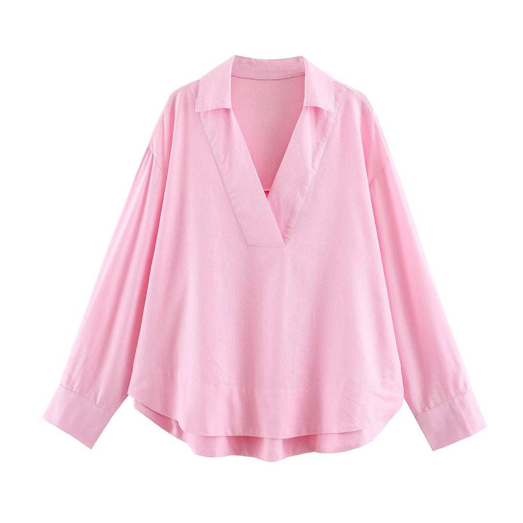 Damen Oversize Leinen-Mix Bluse mit tiefem V-Ausschnitt und Hemdkragen Echo Archiv