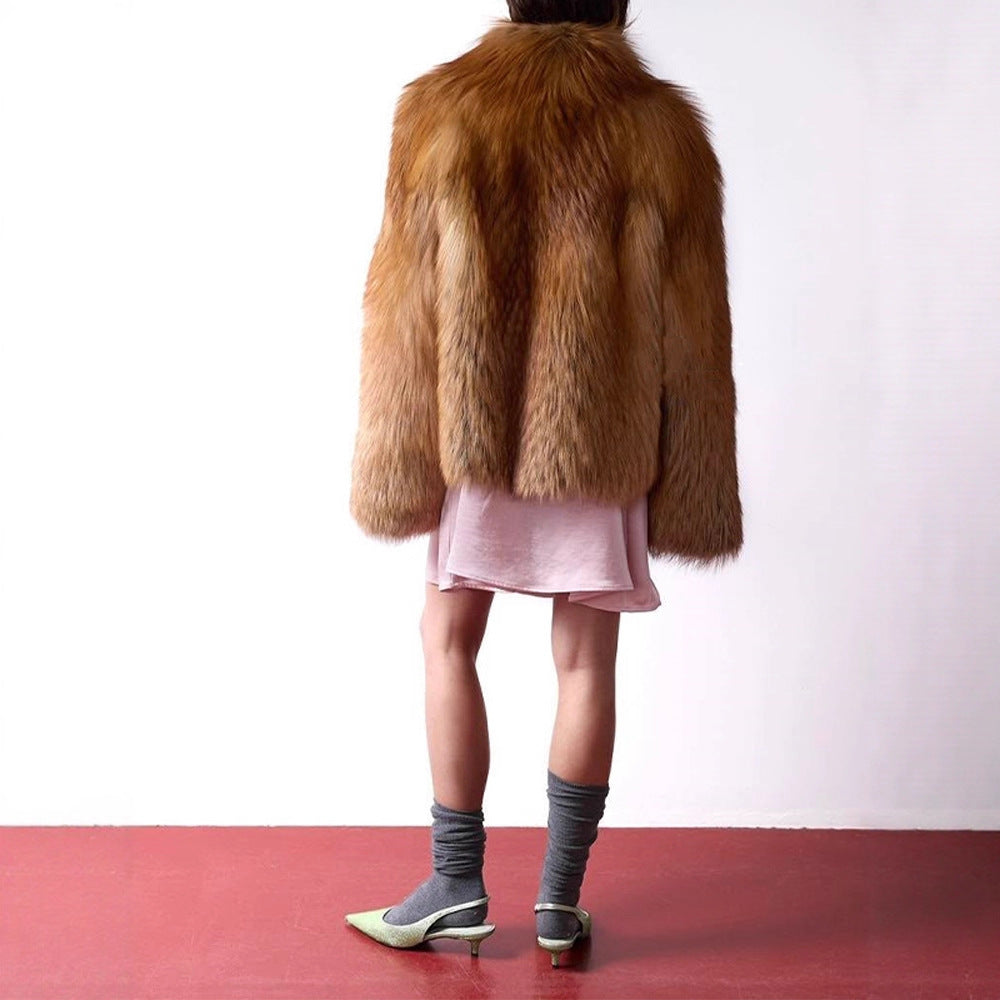 Damen Kurzer Plüsch-Fauxfur-Mantel mit kastiger Silhouette und voluminösem Schalkragen Echoarchiv