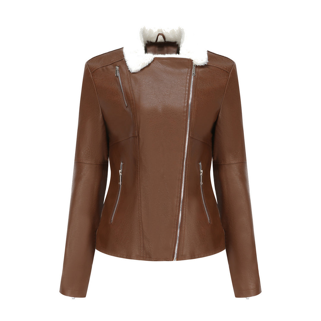 Damen nan taillierte Kunstleder-Bikerjacke mit abnehmbarem Kunstfellkragen und schrägem Reißverschluss Echo Archiv