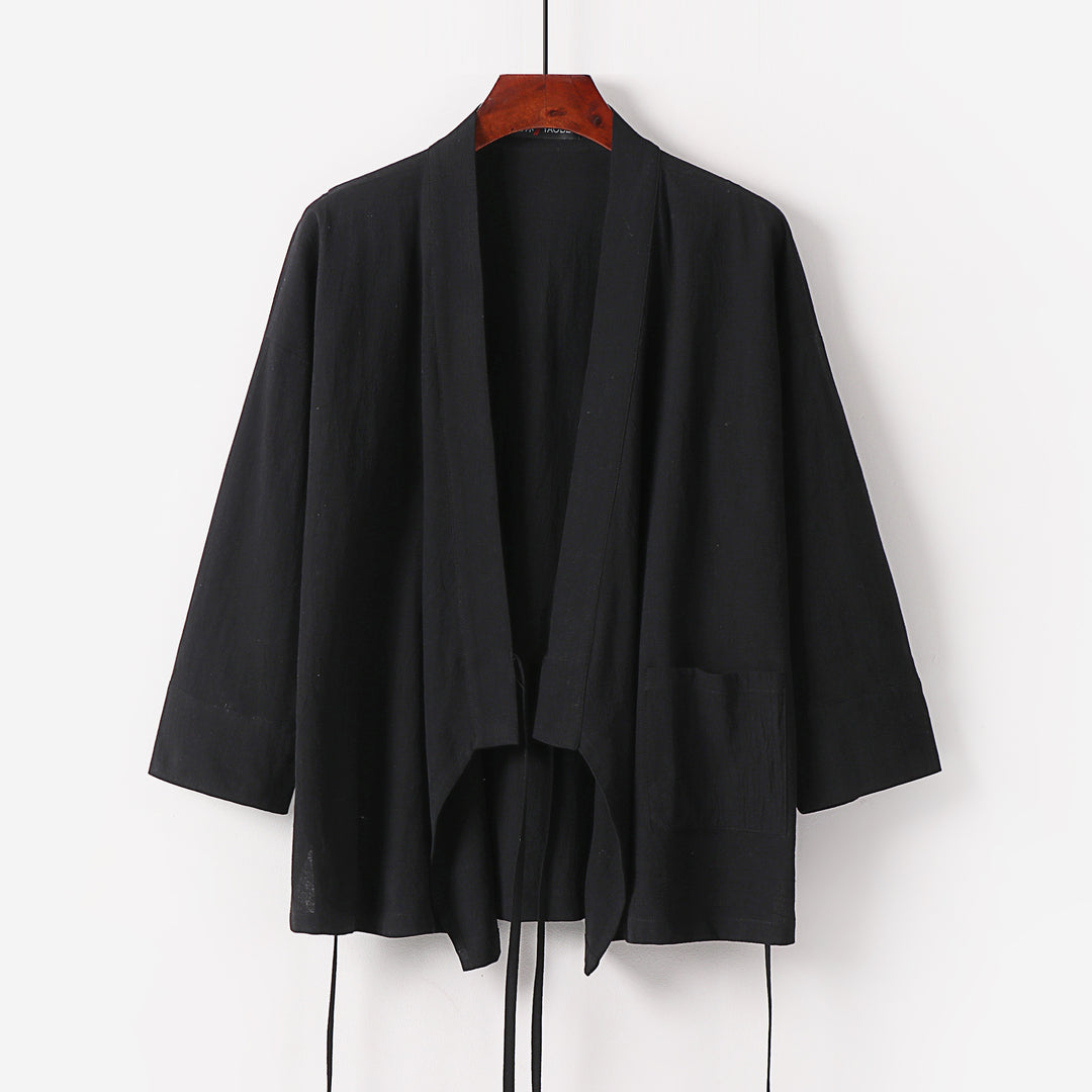 Damen Kimono-Cardigan aus Baumwoll-Leinen mit dreiviertelärmeln Bindegürtel und aufgesetzten Taschen Echoarchiv