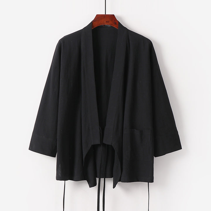 Damen Kimono-Cardigan aus Baumwoll-Leinen mit dreiviertelärmeln Bindegürtel und aufgesetzten Taschen Echoarchiv